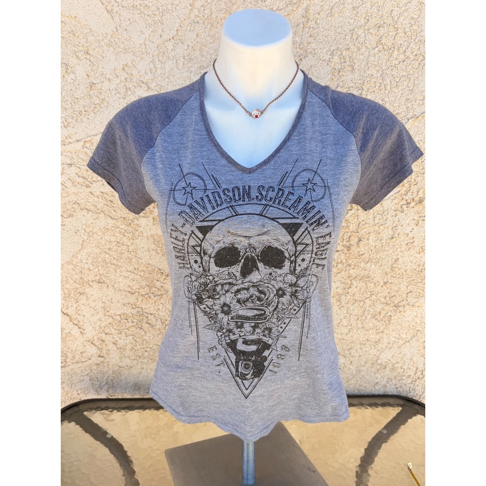 Harley Davidson Screamin Eagle V-Neck Graphic T-Shirt Grey Skull Womens Small #5